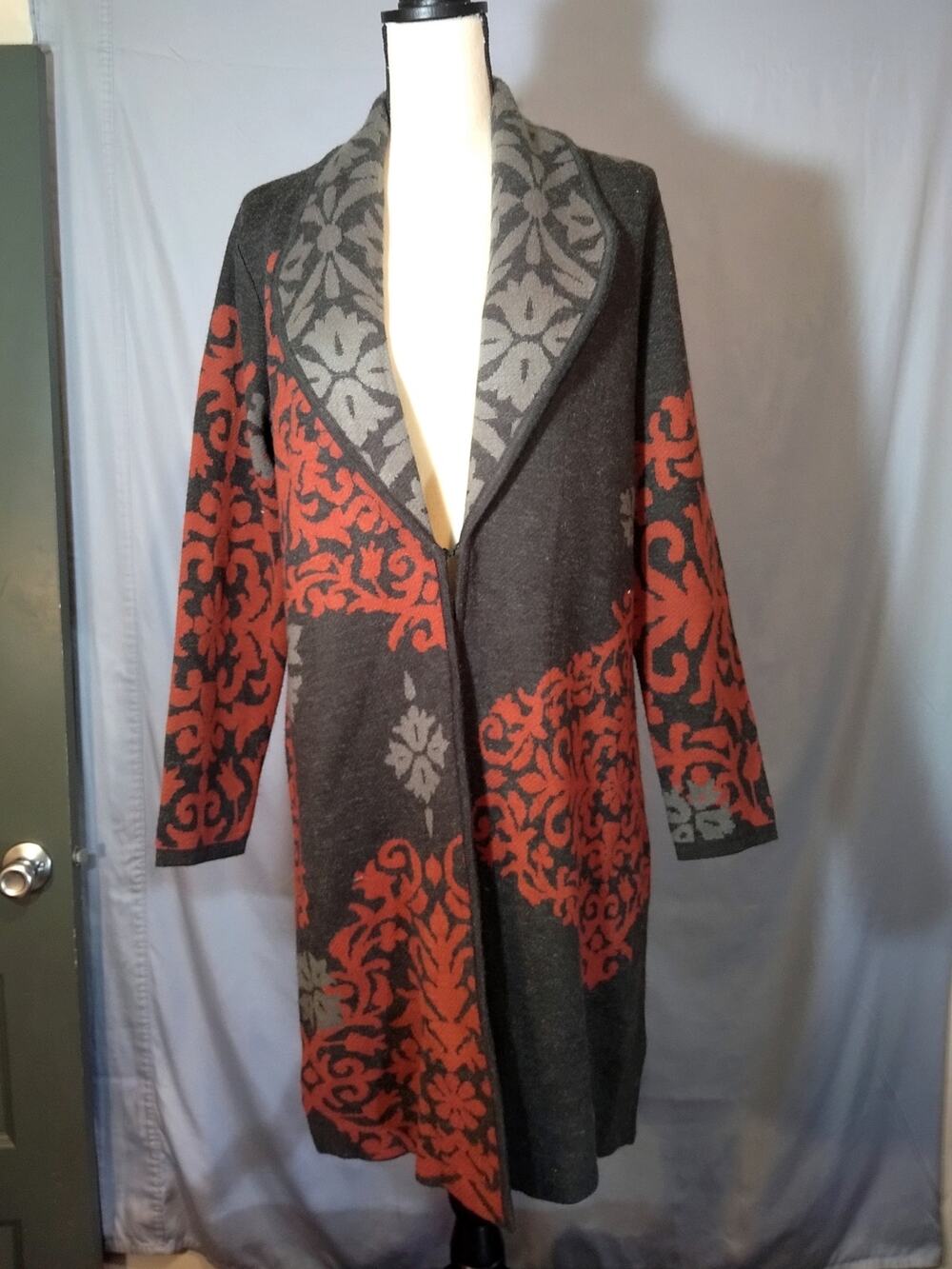 Tribal Long Gray and Red Cardigan